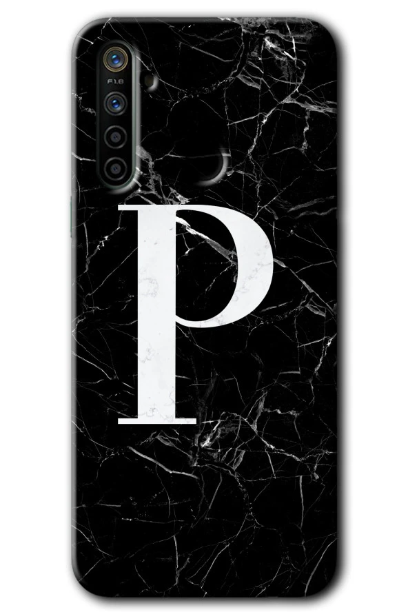 Realme 6i Kılıf HD Desen Baskılı Arka Kapak - Siyah Mermer Desenli P Harfi