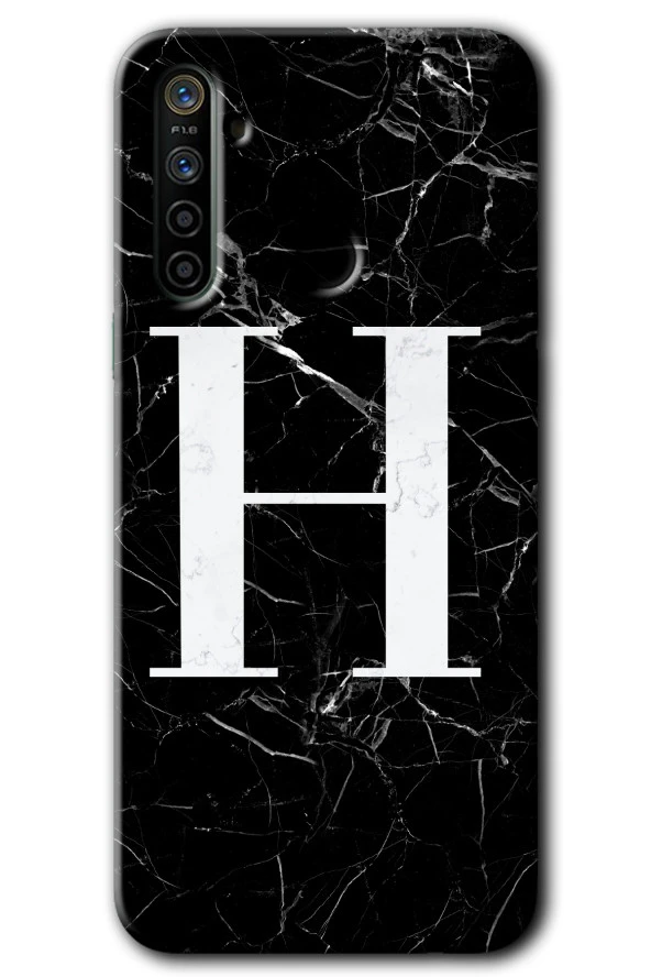 Realme 6i Kılıf HD Desen Baskılı Arka Kapak - Siyah Mermer Desenli H Harfi