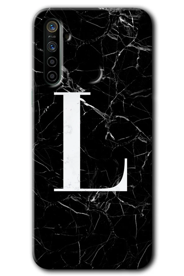 Realme 6i Kılıf HD Desen Baskılı Arka Kapak - Siyah Mermer Desenli L Harfi