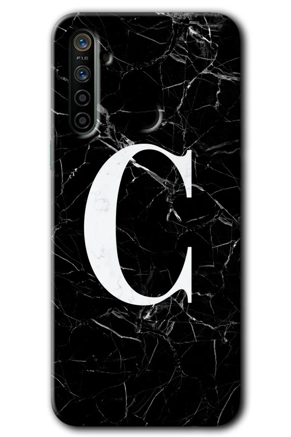 Realme 6i Kılıf HD Desen Baskılı Arka Kapak - Siyah Mermer Desenli C Harfi