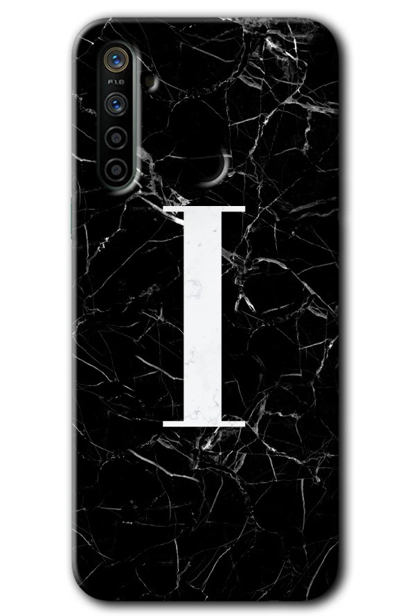 Realme 6i Kılıf HD Desen Baskılı Arka Kapak - Siyah Mermer Desenli I Harfi