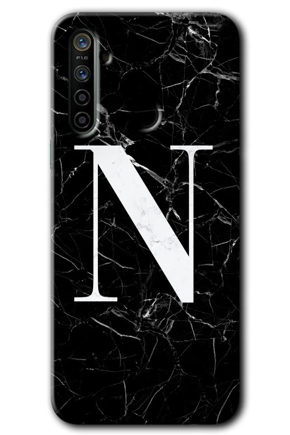 Realme 6i Kılıf HD Desen Baskılı Arka Kapak - Siyah Mermer Desenli N Harfi