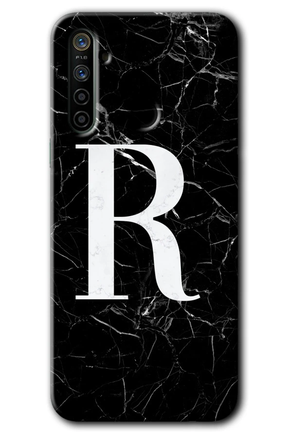 Realme 6i Kılıf HD Desen Baskılı Arka Kapak - Siyah Mermer Desenli R Harfi