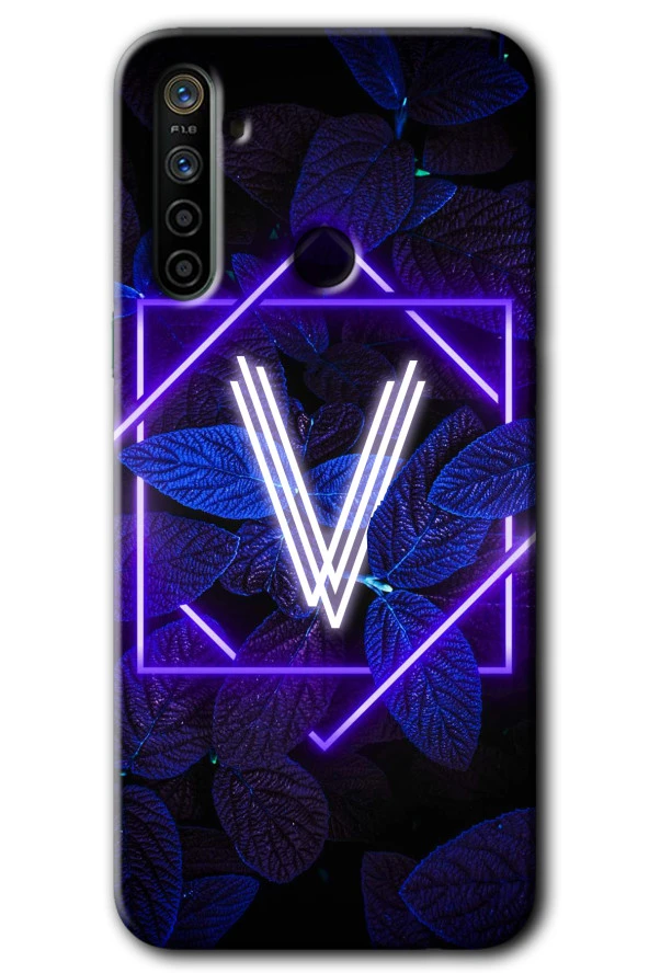 Realme 6i Kılıf HD Desen Baskılı Arka Kapak - Dark Neon Yaprak V Harfi