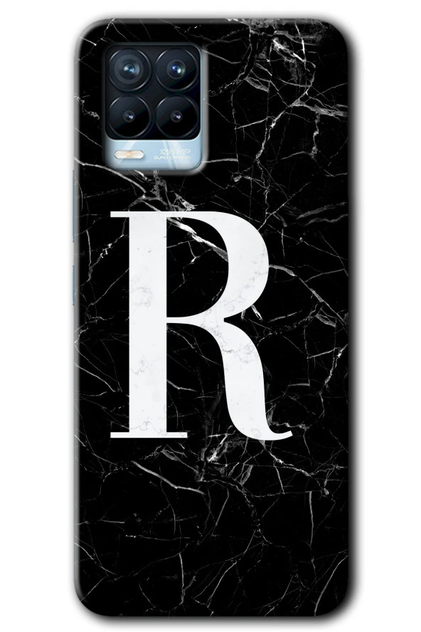 Realme 8 Pro Kılıf HD Desen Baskılı Arka Kapak - Siyah Mermer Desenli R Harfi