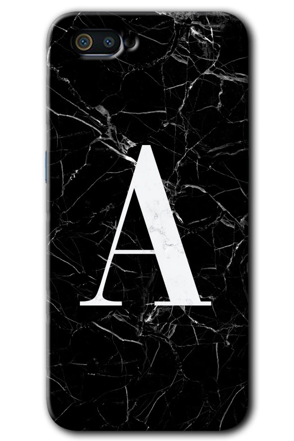 Realme C2 Kılıf HD Desen Baskılı Arka Kapak - Siyah Mermer Desenli A Harfi