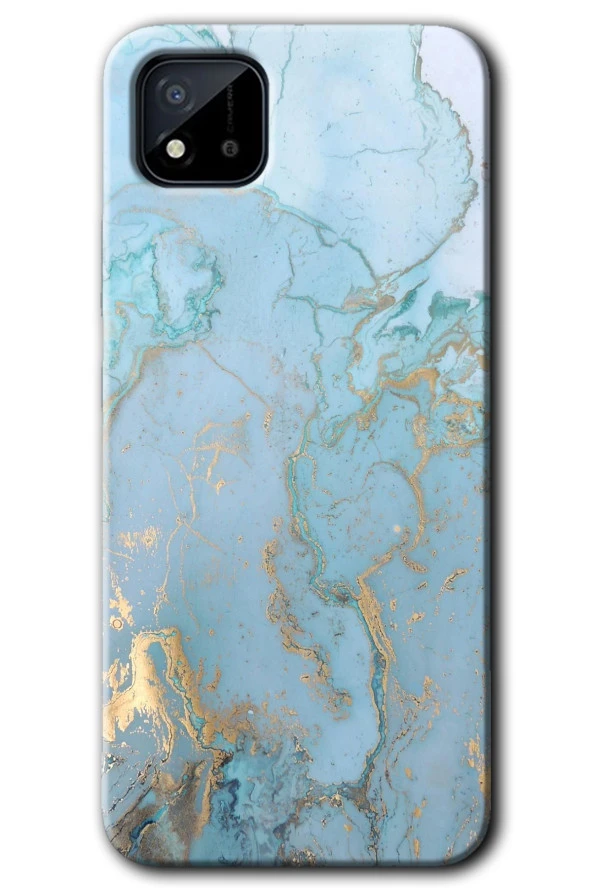 Realme C11 Kılıf HD Desen Baskılı Arka Kapak - Mavi Gold Mermer