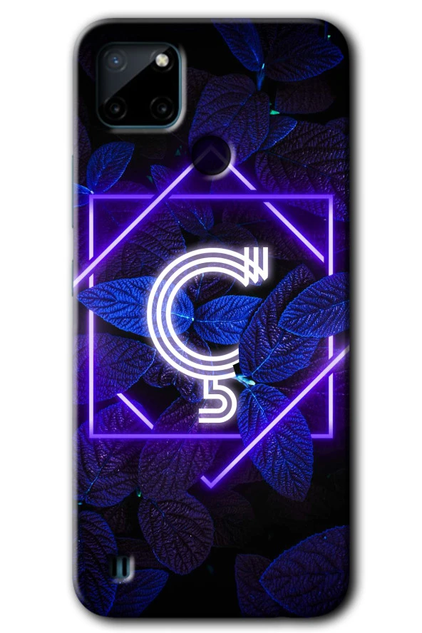 Realme C21 Kılıf HD Desen Baskılı Arka Kapak - Dark Neon Yaprak Ç Harfi