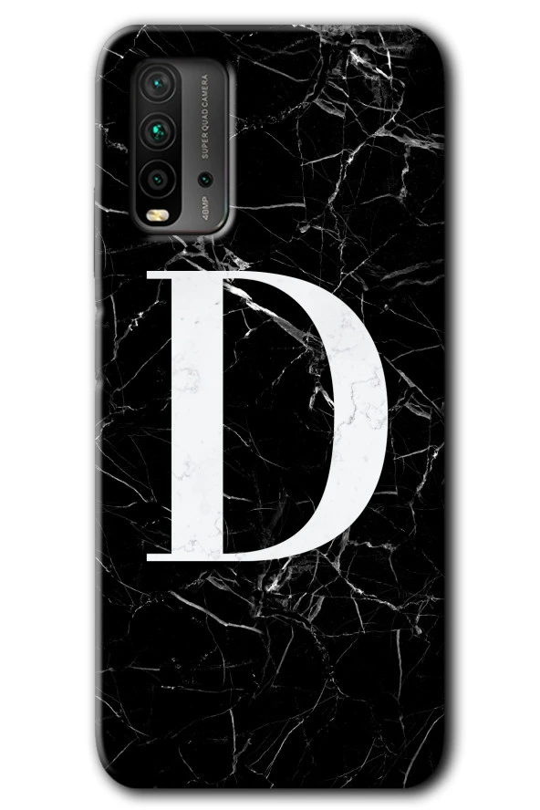 Redmi 9T Kılıf HD Desen Baskılı Arka Kapak - Siyah Mermer Desenli D Harfi