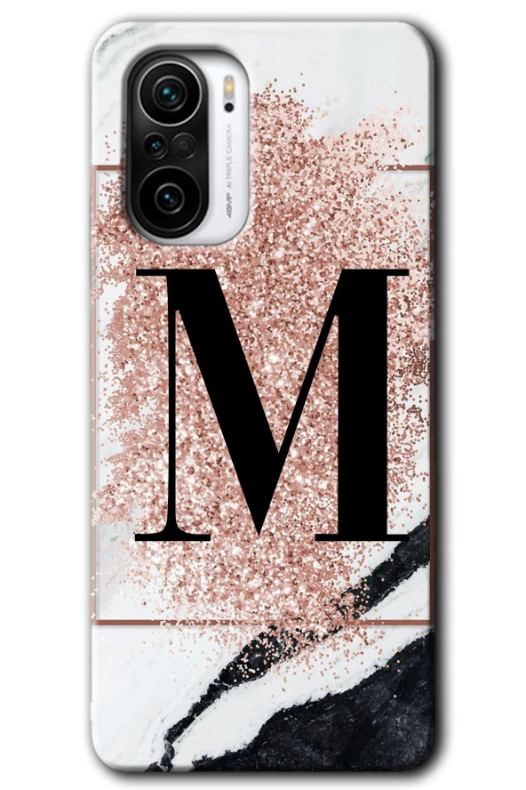 Redmi K40 Pro Kılıf HD Desen Baskılı Arka Kapak - Pembe Mermer Desenli M Harfi