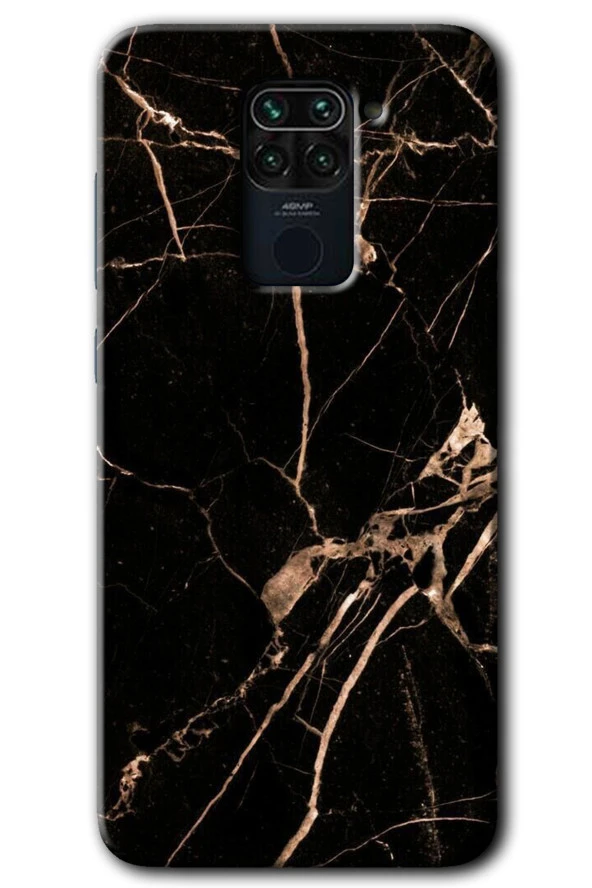 Redmi Note 9 Kılıf HD Desen Baskılı Arka Kapak - Siyah Gold Mermer