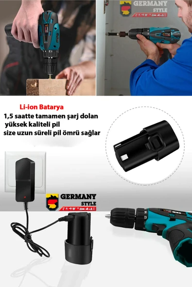 Germany Style Grm99880VFX Titanium Series 1500 mAH Metal Şanzıman Çift Akülü Şarjlı Vidalama Matkap - 2