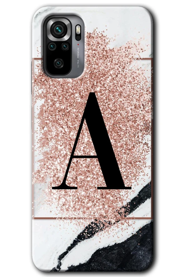 Redmi Note 10s Kılıf HD Desen Baskılı Arka Kapak - Pembe Mermer Desenli A Harfi