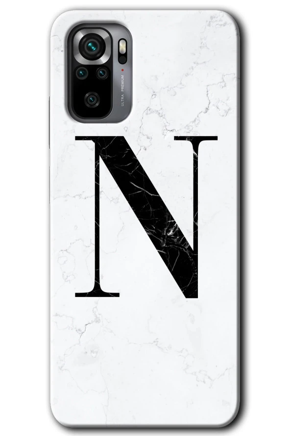 Redmi Note 10s Kılıf HD Desen Baskılı Arka Kapak - Beyaz Mermer Desenli N Harfi