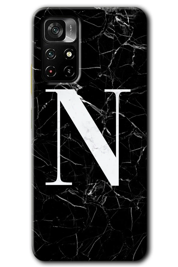 Redmi Note 11T Kılıf HD Desen Baskılı Arka Kapak - Siyah Mermer Desenli N Harfi