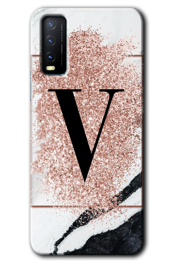 Vivo Y11s Kılıf HD Desen Baskılı Arka Kapak - Pembe Mermer Desenli V Harfi