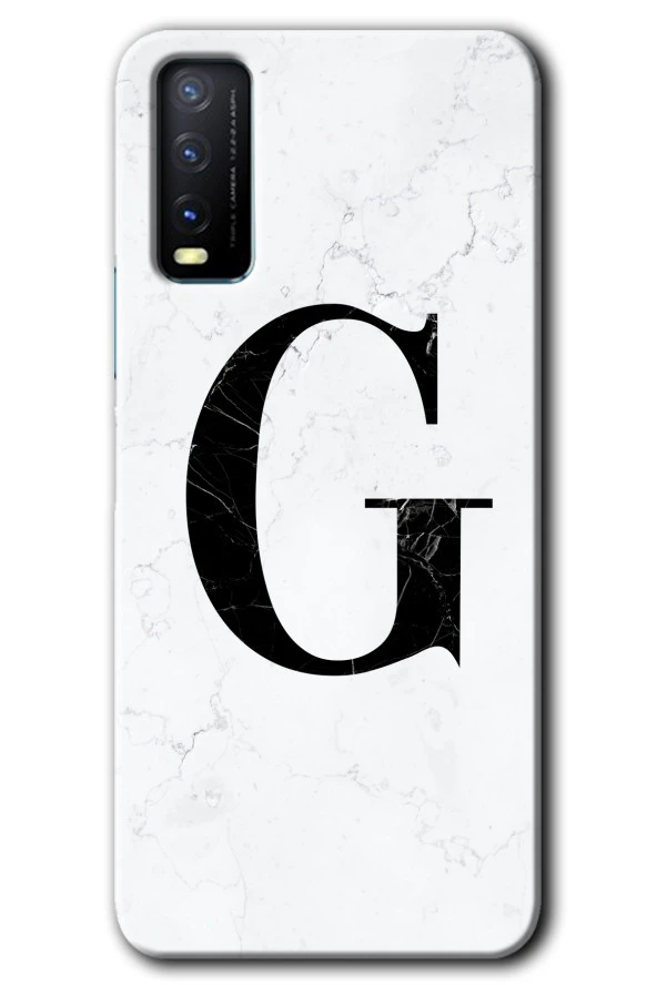 Vivo Y11s Kılıf HD Desen Baskılı Arka Kapak - Beyaz Mermer Desenli G Harfi