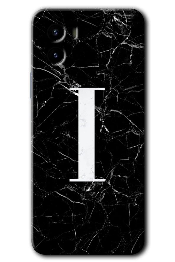 Vivo Y15s Kılıf HD Desen Baskılı Arka Kapak - Siyah Mermer Desenli I Harfi
