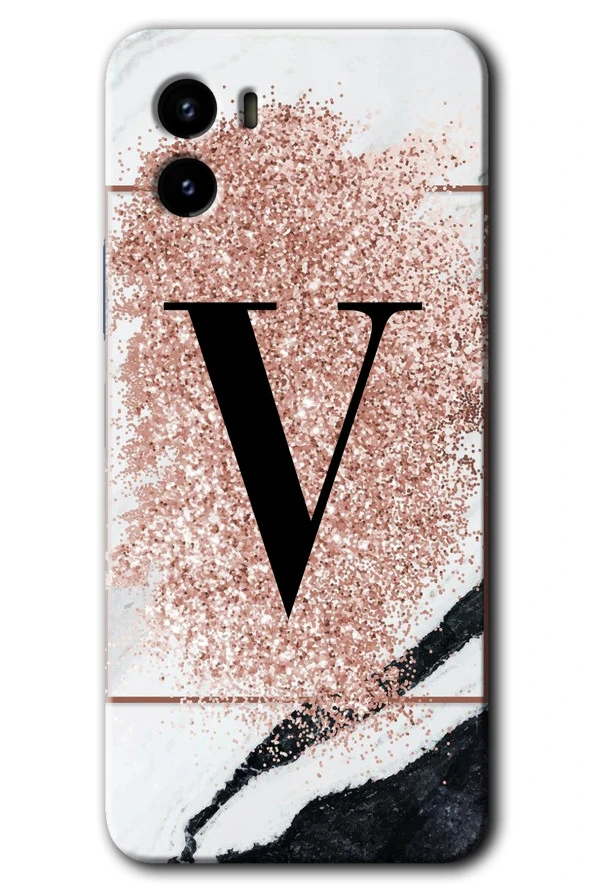 Vivo Y15s Kılıf HD Desen Baskılı Arka Kapak - Pembe Mermer Desenli V Harfi