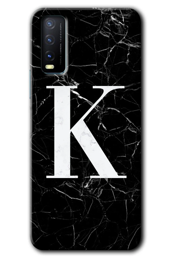 Vivo Y20 Kılıf HD Desen Baskılı Arka Kapak - Siyah Mermer Desenli K Harfi