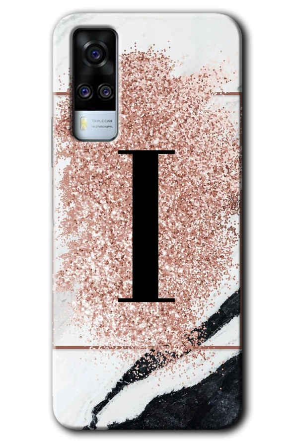 Vivo Y51 Kılıf HD Desen Baskılı Arka Kapak - Pembe Mermer Desenli I Harfi