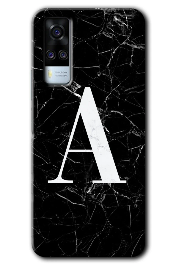 Vivo Y51a Kılıf HD Desen Baskılı Arka Kapak - Siyah Mermer Desenli A Harfi