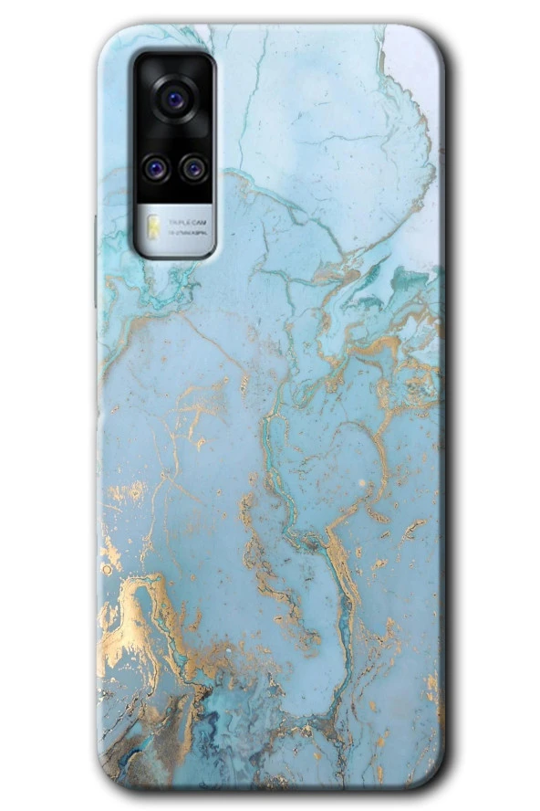 Vivo Y53s Kılıf HD Desen Baskılı Arka Kapak - Mavi Gold Mermer