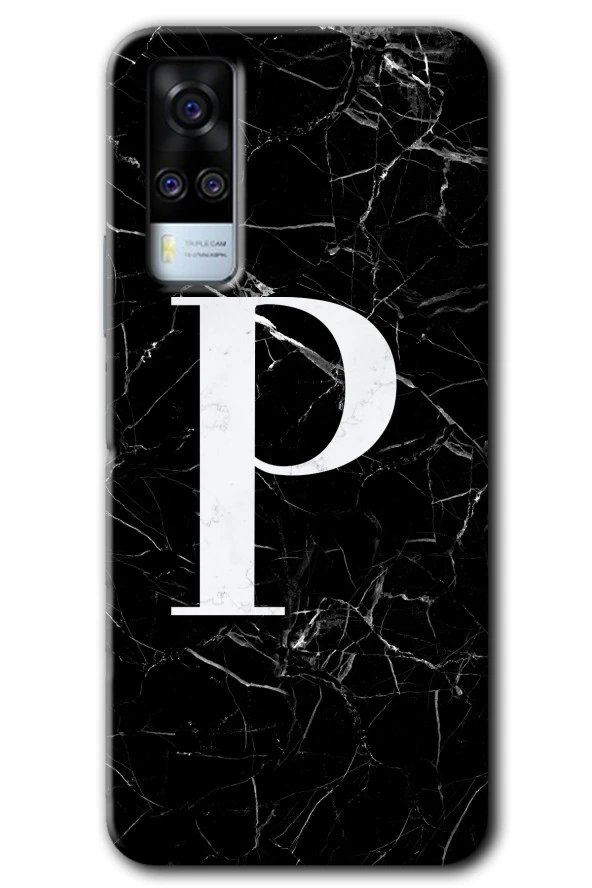 Vivo Y53s Kılıf HD Desen Baskılı Arka Kapak - Siyah Mermer Desenli P Harfi