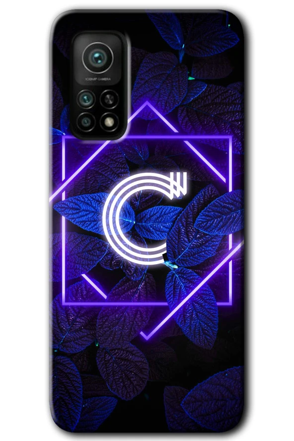 Xiaomi Mi 10T Pro Kılıf HD Desen Baskılı Arka Kapak - Dark Neon Yaprak C Harfi