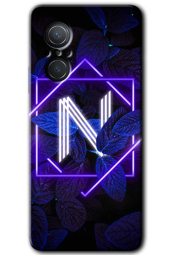 Huawei Nova 9 SE Kılıf HD Desen Baskılı Arka Kapak - Dark Neon Yaprak N Harfi