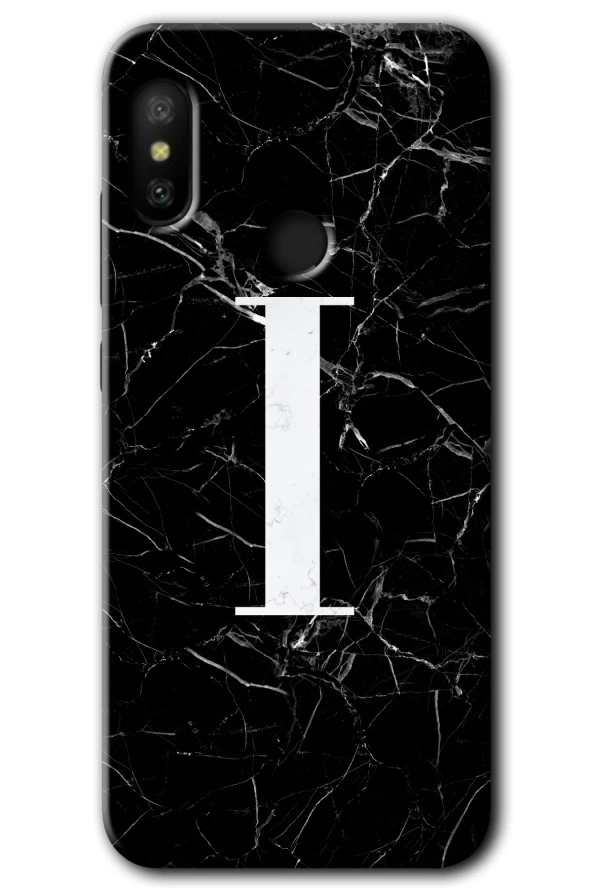 Mi Max 3 Kılıf HD Desen Baskılı Arka Kapak - Siyah Mermer Desenli İ Harfi