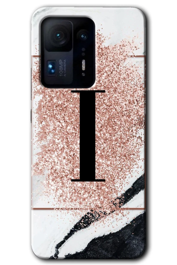 Mi Mix 4 Kılıf HD Desen Baskılı Arka Kapak - Pembe Mermer Desenli İ Harfi