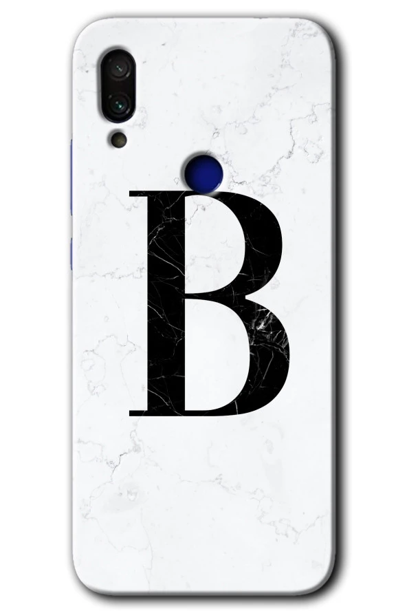 Redmi Note 7 Kılıf HD Desen Baskılı Arka Kapak - Beyaz Mermer Desenli B Harfi