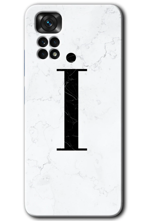 Redmi Note 11 5G Global Kılıf HD Desen Baskılı Arka Kapak - Beyaz Mermer Desenli İ Harfi