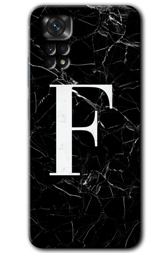 Redmi Note 11 5G Global Kılıf HD Desen Baskılı Arka Kapak - Siyah Mermer Desenli F Harfi