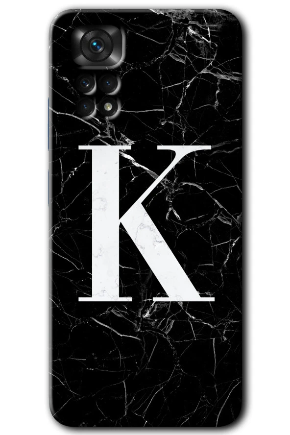 Redmi Note 11 5G Global Kılıf HD Desen Baskılı Arka Kapak - Siyah Mermer Desenli K Harfi