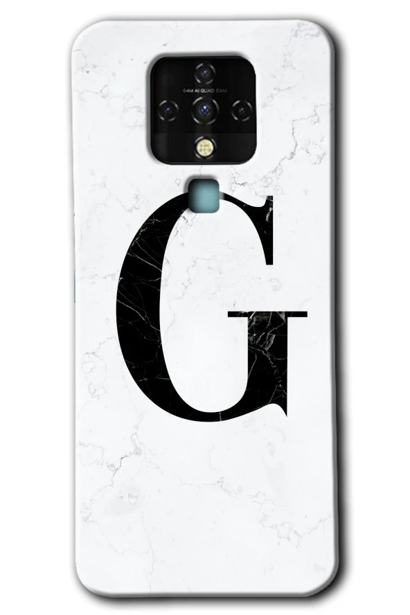 Tecno Camon 16 Kılıf HD Desen Baskılı Arka Kapak - Beyaz Mermer Desenli G Harfi