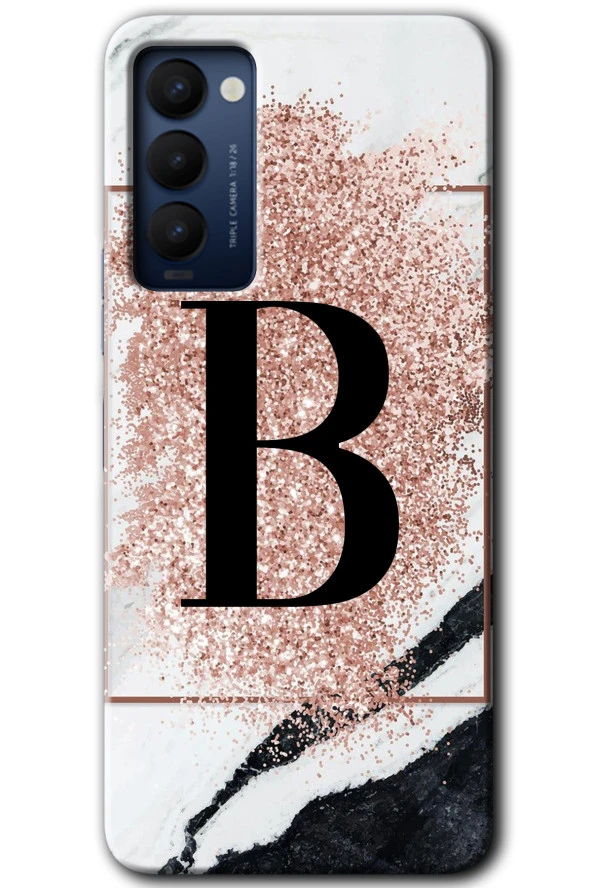 Tecno Camon 18P Kılıf HD Desen Baskılı Arka Kapak - Pembe Mermer Desenli B Harfi