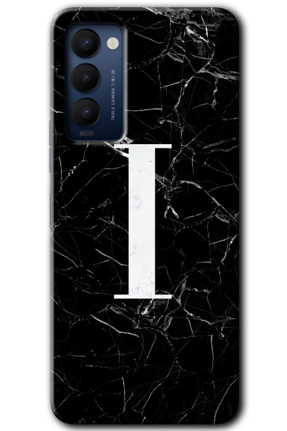 Tecno Camon 18P Kılıf HD Desen Baskılı Arka Kapak - Siyah Mermer Desenli I Harfi