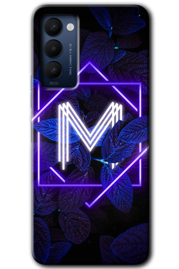Tecno Camon 18T Kılıf HD Desen Baskılı Arka Kapak - Dark Neon Yaprak M Harfi