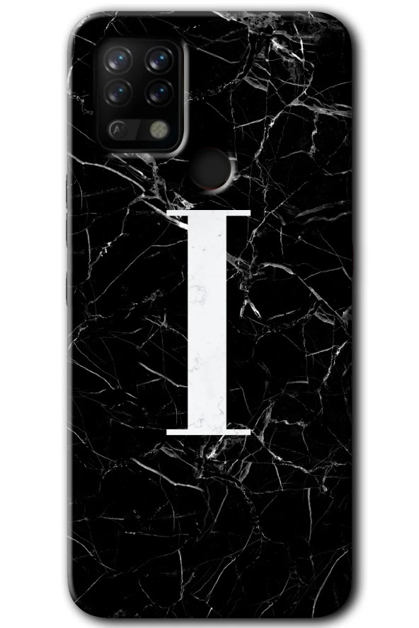 Tecno Pova Kılıf HD Desen Baskılı Arka Kapak - Siyah Mermer Desenli I Harfi