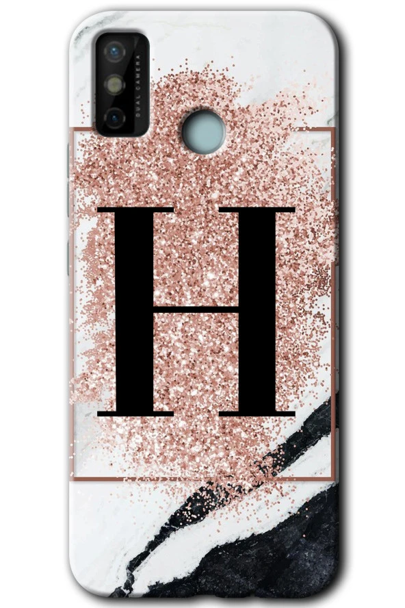 Tecno Spark 6 Go Kılıf HD Desen Baskılı Arka Kapak - Pembe Mermer Desenli H Harfi