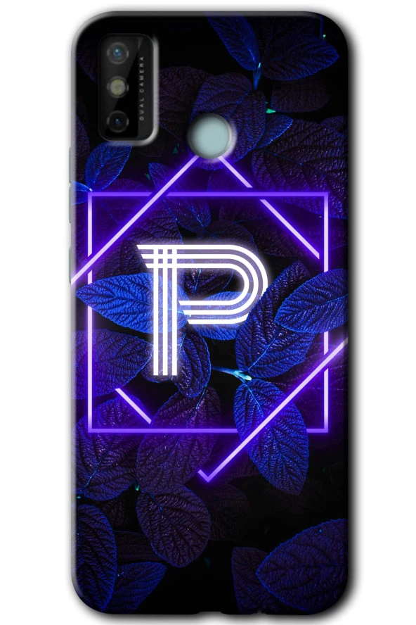 Tecno Spark 6 Go Kılıf HD Desen Baskılı Arka Kapak - Dark Neon Yaprak P Harfi