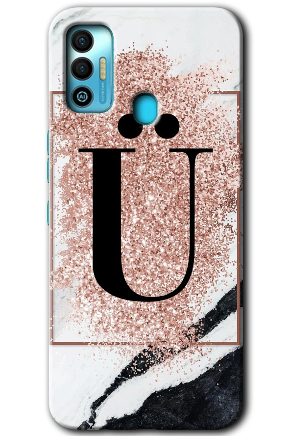 Tecno Spark 7T Kılıf HD Desen Baskılı Arka Kapak - Pembe Mermer Desenli Ü Harfi