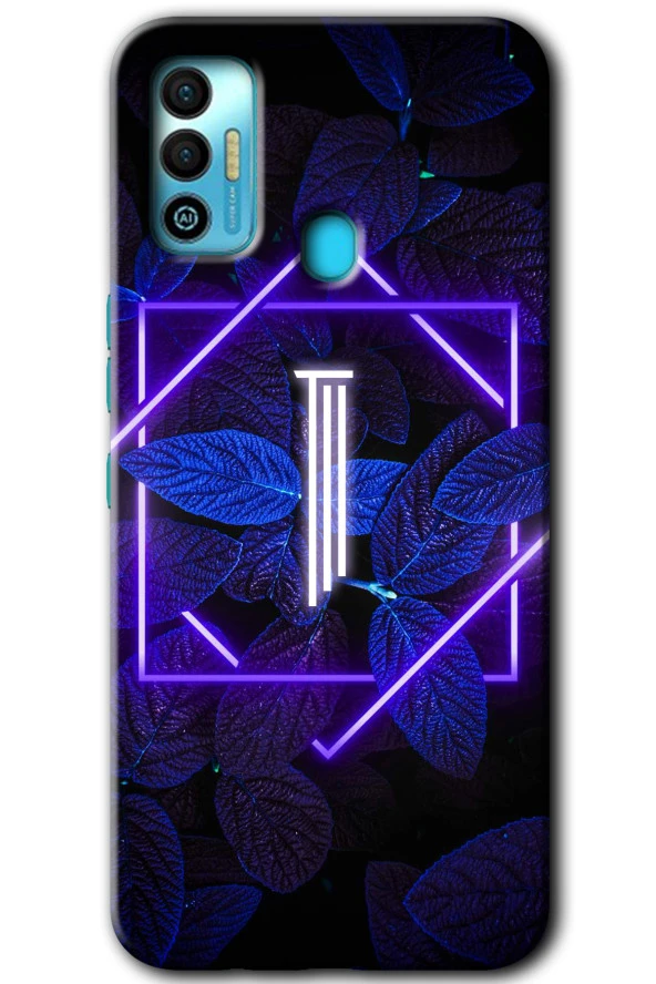 Tecno Spark 7T Kılıf HD Desen Baskılı Arka Kapak - Dark Neon Yaprak I Harfi