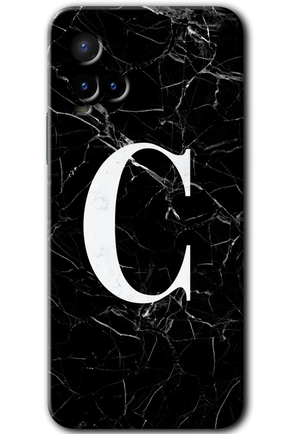 Vivo Y21 Kılıf HD Desen Baskılı Arka Kapak - Siyah Mermer Desenli C Harfi