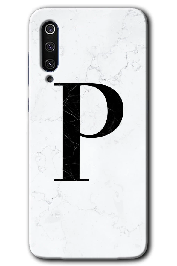 Xiaomi Mi 9 Kılıf HD Desen Baskılı Arka Kapak - Beyaz Mermer Desenli P Harfi