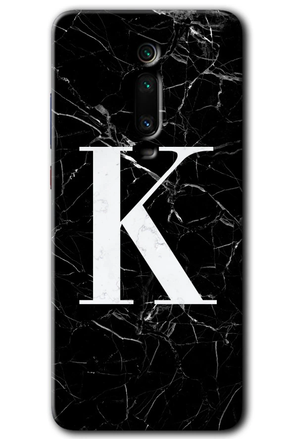 Xiaomi Mi 9T Kılıf HD Desen Baskılı Arka Kapak - Siyah Mermer Desenli K Harfi