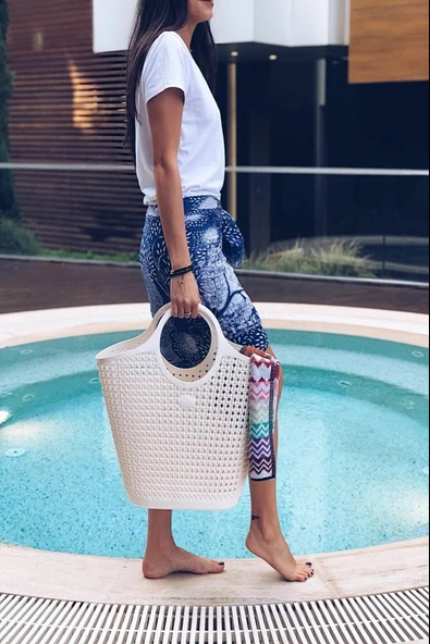 Arma House Örgü Desenli Büyük Boy Bej Rengi Plastik Plaj Çantası ürün görseli