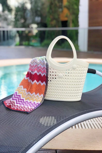 Arma House Örgü Desenli Küçük Boy Bej Rengi Plastik Plaj Çantası ürün görseli